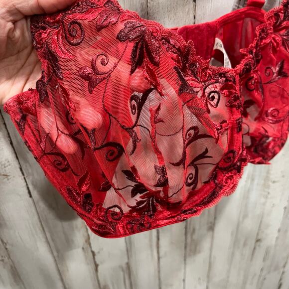Soma Red Floral Lace Sensous Unlined Bra Womens 40DDD Sexy Support Plus - Picture 2 of 5
